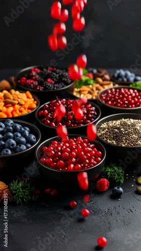 Variety of fresh fruits and nuts arranged in bowls on a dark background, with red berries falling into a bowl