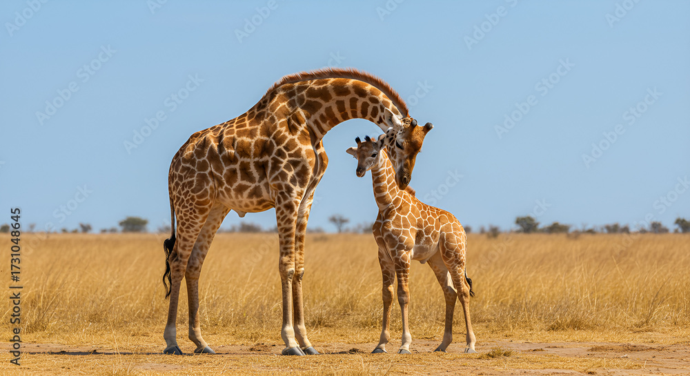 Obraz premium Mother giraffe gently touching her calf in the dry savanna, showing natural affection