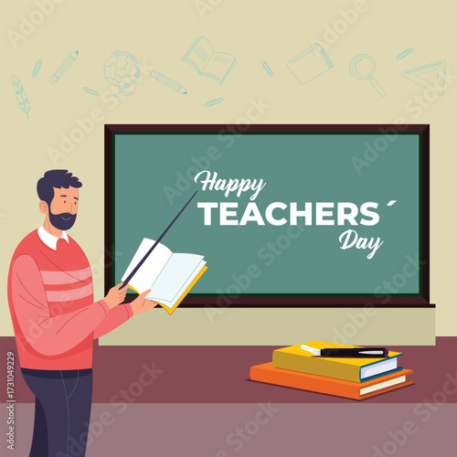 Teacher holding book beside blackboard with Happy Teacher’s Day text ,eps file