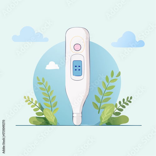 Digital Thermometer Illustration with Green Leaves Blue Clouds and Circular Background
