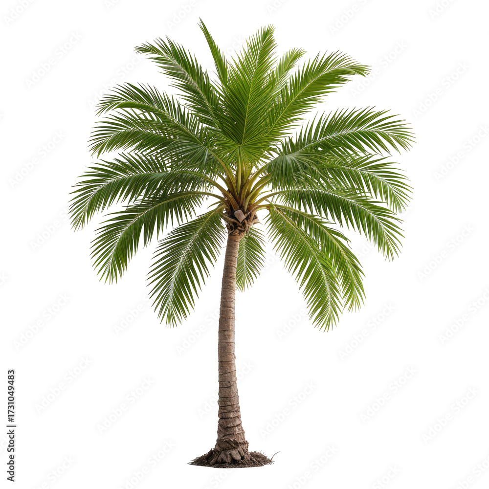 Obraz premium Isolated tropical palm tree with lush green fronds and brown trunk