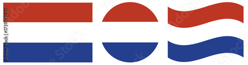 Round Netherlands flag in circle shape. Netherlands rectangular flag. Waving flag of Netherlands isolated..