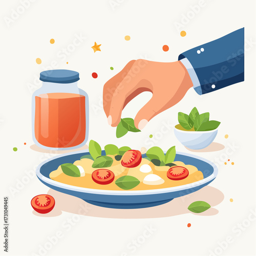 Hand garnishing plate of food with fresh basil and tomatoes beside a jar and bowl in light background