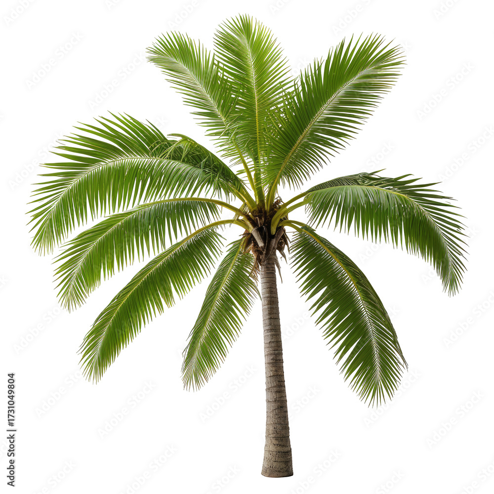 Fototapeta premium Lush green palm tree with fronds; isolated against black background