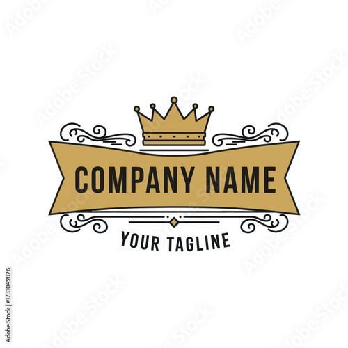 Gold and Black Crown Logo Design on White Background with Banner for Company Name and Tagline - Elegant Royal Brand Identity Graphic, Flat Vector Elements, Vector Illustration, Simple Vector,