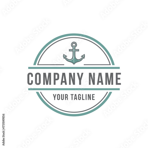 Nautical Anchor Company Logo Design with Placeholder Text, Teal, and Grey Colors on White Background, Flat Vector Elements, Vector Illustration, Simple Vector, Stylized Vector Drawing, Vector
