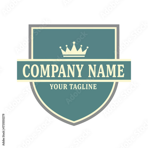 Elegant Shield Logo with Crown, Company Name, and Tagline Banner on a White Background - Professional Corporate Brand Emblem Design Element, Flat Vector Elements, Vector Illustration, Simple Vector,