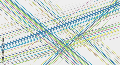 Abstract lines in blue green and yellow create a complex pattern.