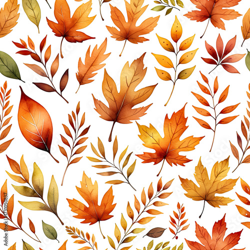 Watercolor autumn leaf pattern on black background, vibrant colors and detail