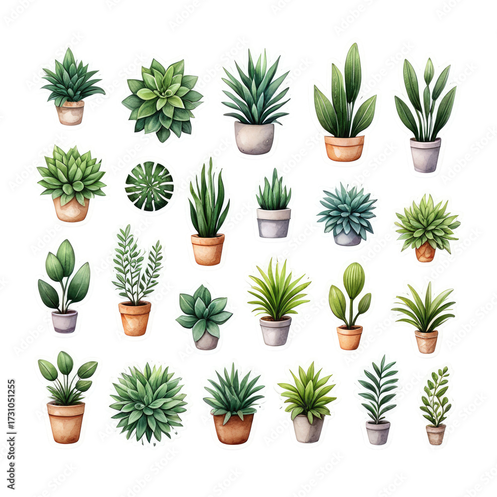Fototapeta premium Watercolor houseplant sticker set with various greenery and pots