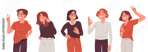 Characters with positive gestures. Cartoon people showing thumbs up and ok signs, positive person communication gestures flat vector illustration set. Cheerful characters body language