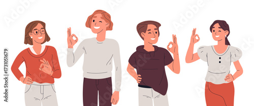 Cartoon people with positive gestures. Cheerful characters showing thumbs up and ok signs flat vector illustration set. Positive person communication gestures