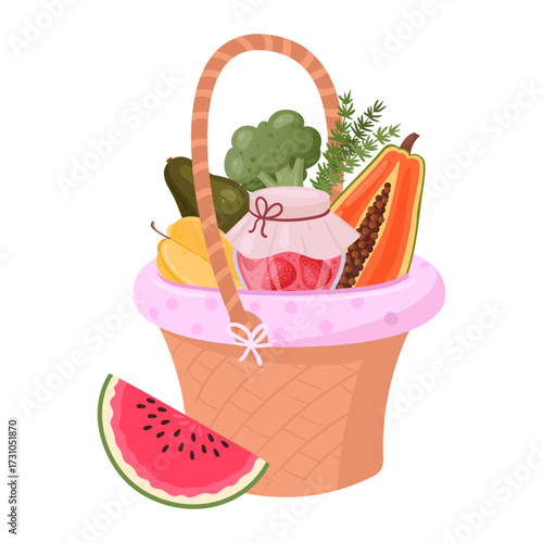Fruits and vegetable in wicker basket. Handle picnic basket flat vector illustration. Cartoon wicker basket on white background
