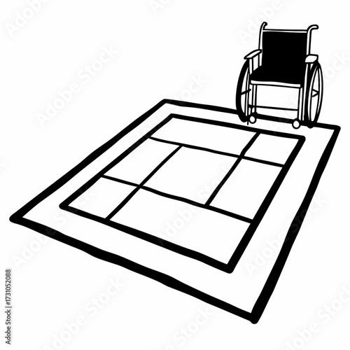 Simple line drawing of wheelchair on rectangular rug  