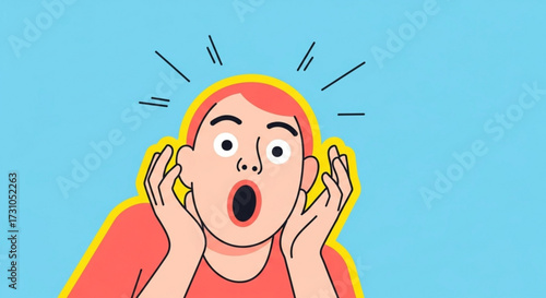 Illustration of a surprised person with hands on face against a blue background with yellow outline