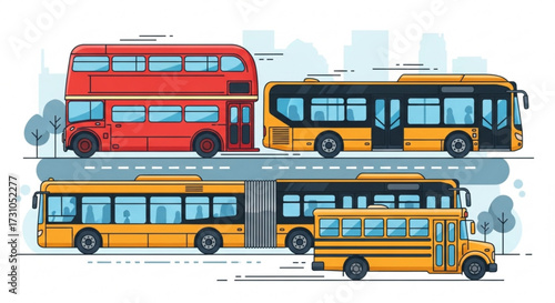 Illustration depicting a variety of buses including a double decker, city, articulated, and school bus design