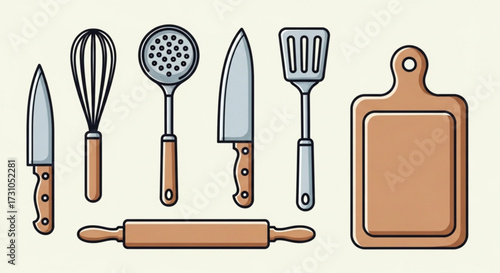 Illustration of various kitchen utensils including knives whisk slotted spoon spatula rolling pin and cutting board