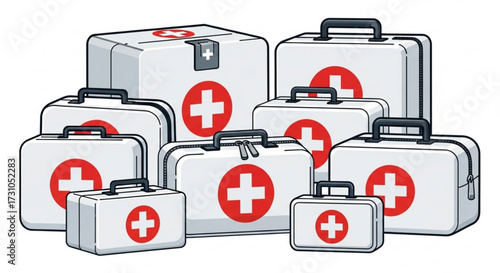 A collection of white first aid kits with red crosses arranged in a group on a white background scene