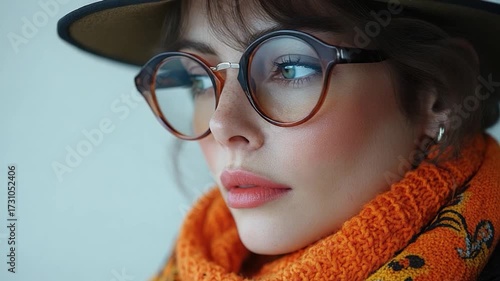 Portrait of a woman wearing glasses and a hat, suitable for use in editorial or commercial contexts