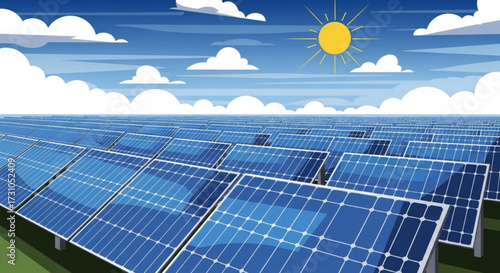 Solar panels under a sunny sky with fluffy clouds generating clean energy for a sustainable future landscape