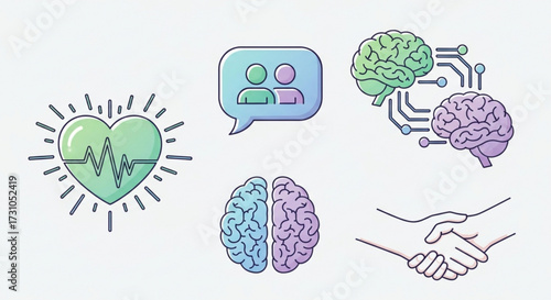Illustration showing heart with heartbeat line, speech bubble with people, brains, and a handshake image