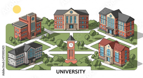 Isometric illustration of a university campus with multiple buildings clock tower and green spaces in daylight
