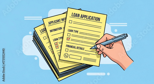 Illustration of a hand filling out a loan application form with a pen on a light blue background scene