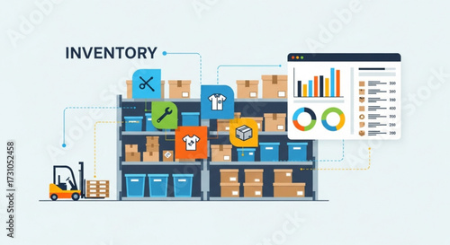 Illustration of inventory management with shelves filled with boxes and a forklift and data visualization graph