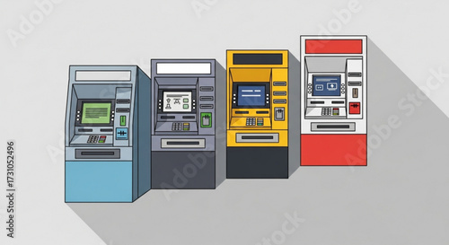 Illustration of four atm machines in a row with different colors and screen displays in a neutral setting