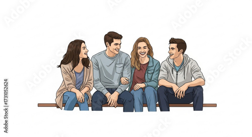 Four young adults sitting together on a bench smiling and looking at each other in a friendly manner