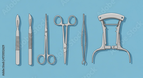 Illustration of surgical instruments including scalpels scissors forceps and a retractor on blue background
