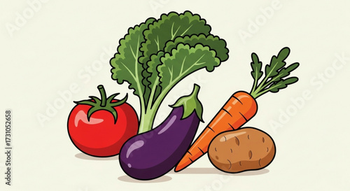 Illustration of a tomato, leafy greens, eggplant, carrot and potato arranged together on a plain background