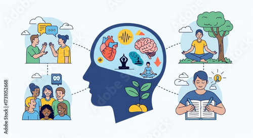 Illustration depicting mental health and well being with various activities and brain components shown inside head