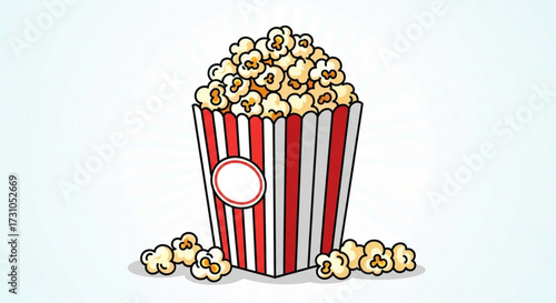 Cartoon illustration of a popcorn bucket filled to the top with popcorn and some scattered around it
