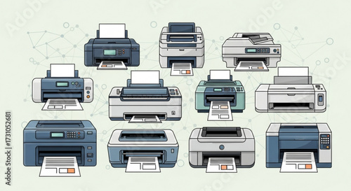 A collection of ten printers of varying designs and colors arranged on a light background with a network design