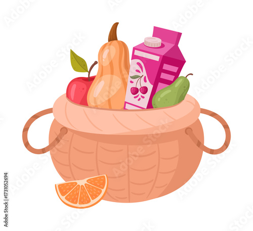 Handle picnic wicker basket. Fresh fruits, vegetables and beverage in hamper basket flat vector illustration. Wicker basket on white
