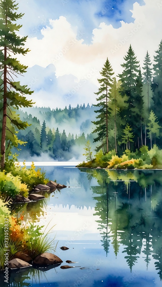 Naklejka premium Misty mountain lake landscape