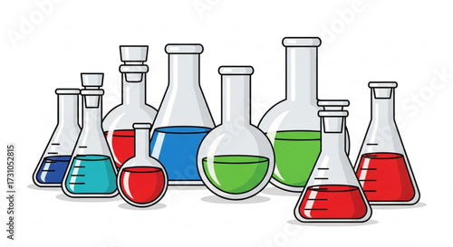 Illustration of various laboratory glassware filled with colorful liquids arranged together on a white background
