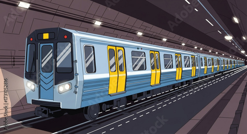 A subway train with yellow doors moving through a tunnel with lights on the ceiling and parallel lines