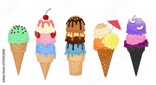 Illustration of five ice cream cones with different flavors and toppings arranged side by side on a white background