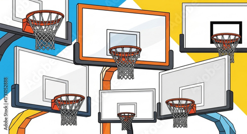 A collection of basketball hoops with nets and backboards against a colorful background pattern design