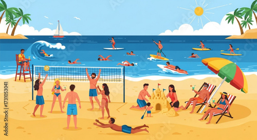 Illustration of a crowded beach scene with people swimming playing and relaxing in the sun and sand