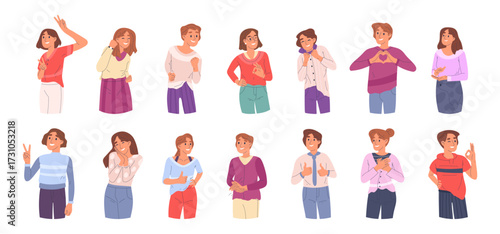 People showing positive gestures. Cheerful characters with thumbs up and ok signs, positive person communication gestures flat vector illustration set. Happy characters body language