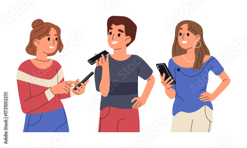 People using smartphone. Man and woman talking on cellphone, chatting, using internet flat vector illustration set. Characters holding smartphones