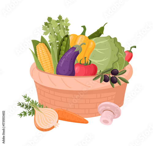Wicker picnic basket. Fresh vegetables in hamper basket, wicker basket flat vector illustration. Handle picnic basket with veggies