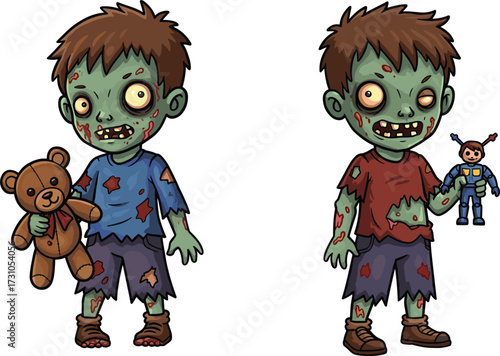 Cute cartoon zombie kids with green skin holding toys, scary little undead children characters in tattered clothes, Halloween horror illustration