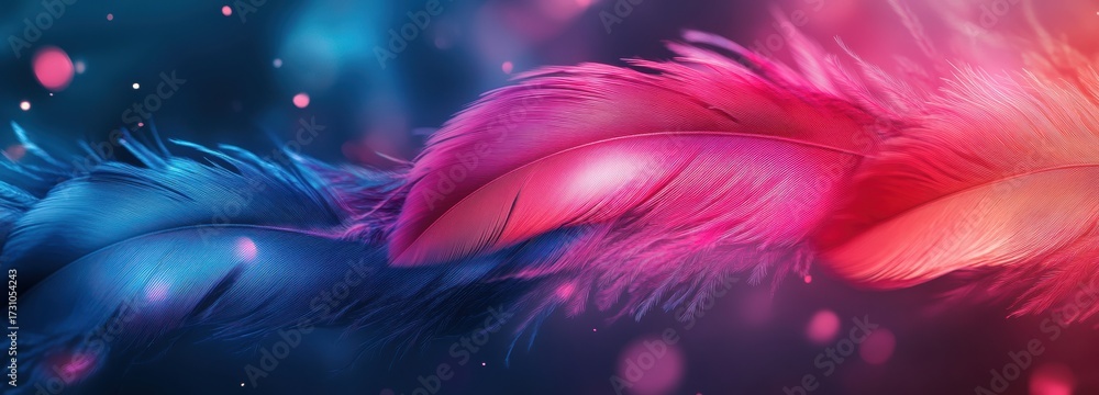 Fototapeta premium Futuristic arrangement of neon pink and electric blue feathers in a vibrant abstract setting