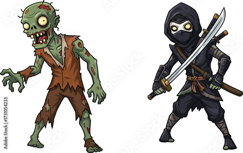Scary cartoon zombie monster with glowing eyes, creepy undead character, dark ninja warrior fighter with swords, horror fantasy illustration design