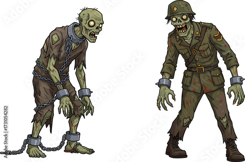 Scary chained zombie monster illustration, creepy undead prisoner character, horror walking dead soldier cartoon, spooky Halloween ghoul artwork, evil scary zombie creatures design