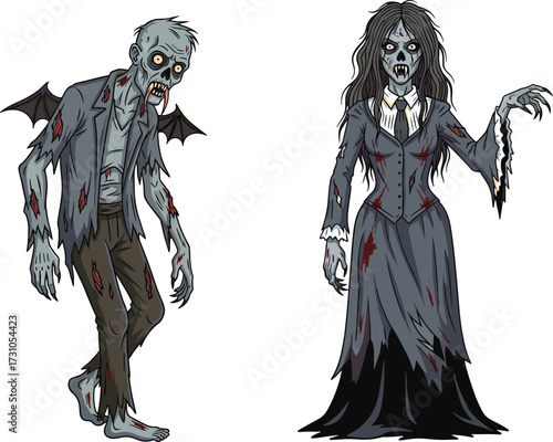 Scary vampire zombie, creepy undead woman, horror cartoon monster illustration, spooky gothic creature design, frightening halloween artwork, evil fantasy character, terrifying walking dead